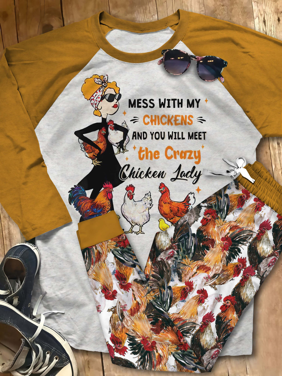 Chicken Crazy Chicken Lady Abb Pajama Set |Sleepwear Pjs Sets | Raglan Shirt Pants Set