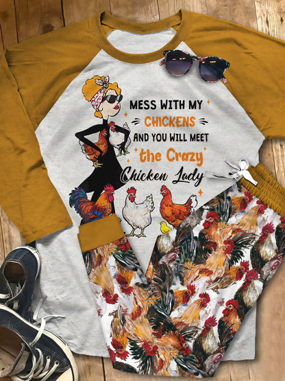 Chicken Crazy Chicken Lady Abb Pajama Set |Sleepwear Pjs Sets | Raglan Shirt Pants Set