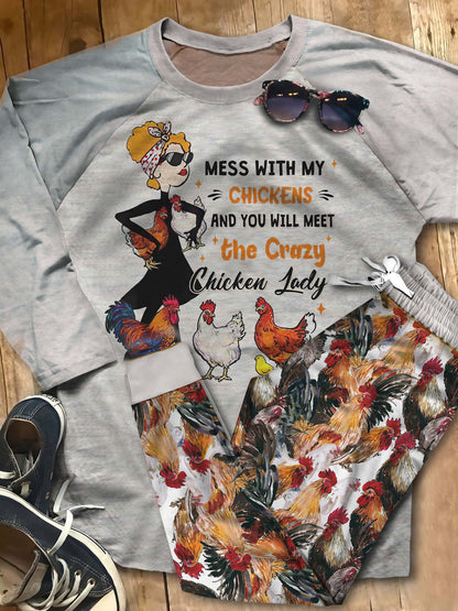Chicken Crazy Chicken Lady Abb Pajama Set |Sleepwear Pjs Sets | Raglan Shirt Pants Set
