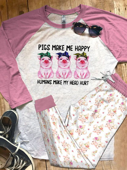 Pig Purple Good Quality Pajama Set |Sleepwear Pjs Sets | Raglan Shirt Pants Set