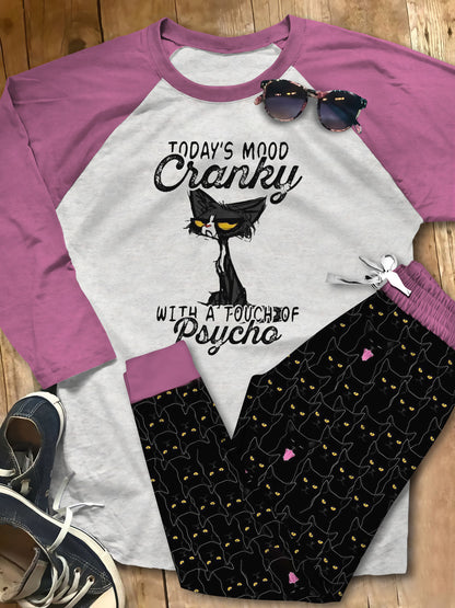 Cat Mood Cranky Black Good Pajama Set |Sleepwear Pjs Sets | Raglan Shirt Pants Set