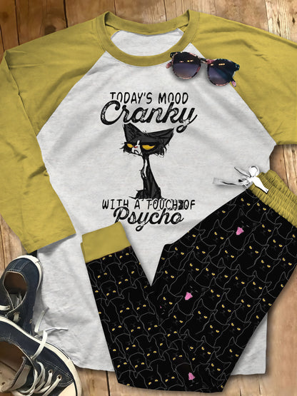 Cat Mood Cranky Black Good Pajama Set |Sleepwear Pjs Sets | Raglan Shirt Pants Set