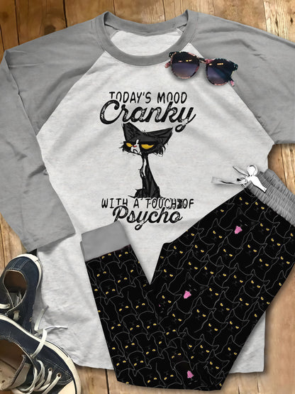 Cat Mood Cranky Black Good Pajama Set |Sleepwear Pjs Sets | Raglan Shirt Pants Set