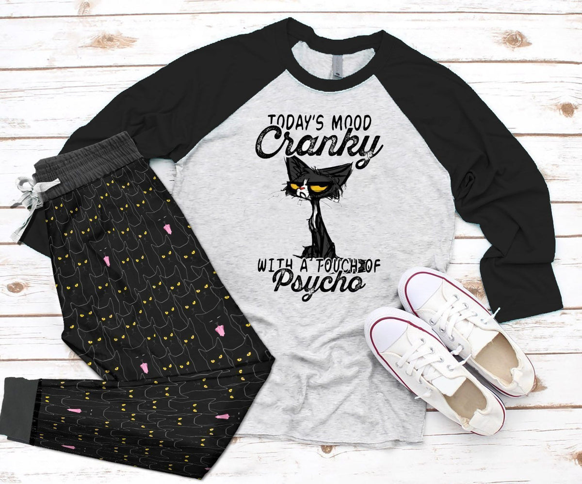 Cat Mood Cranky Black Good Pajama Set |Sleepwear Pjs Sets | Raglan Shirt Pants Set