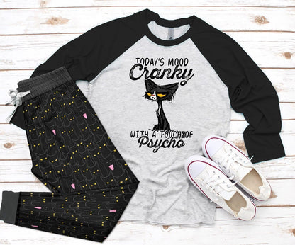 Cat Mood Cranky Black Good Pajama Set |Sleepwear Pjs Sets | Raglan Shirt Pants Set