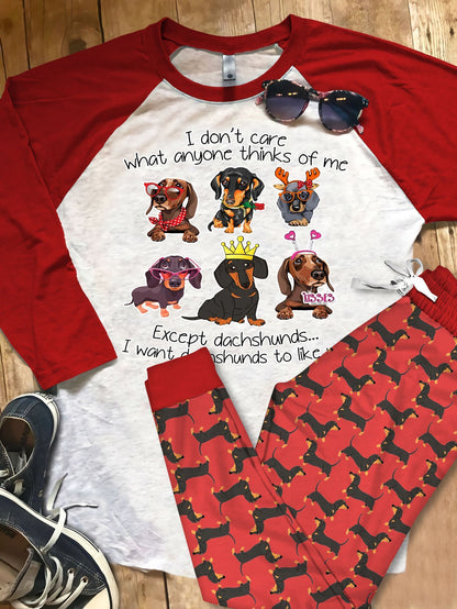 Dachshund I Dont Care Pajama Set |Sleepwear Pjs Sets | Raglan Shirt Pants Set
