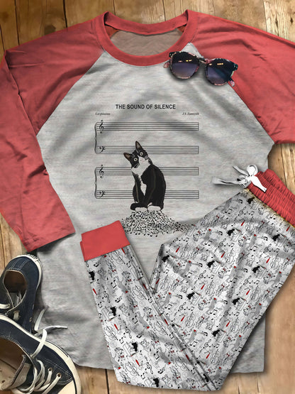 Music Cat The Sound Of Silence Abo Pajama Set |Sleepwear Pjs Sets | Raglan Shirt Pants Set