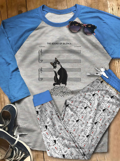 Music Cat The Sound Of Silence Abo Pajama Set |Sleepwear Pjs Sets | Raglan Shirt Pants Set