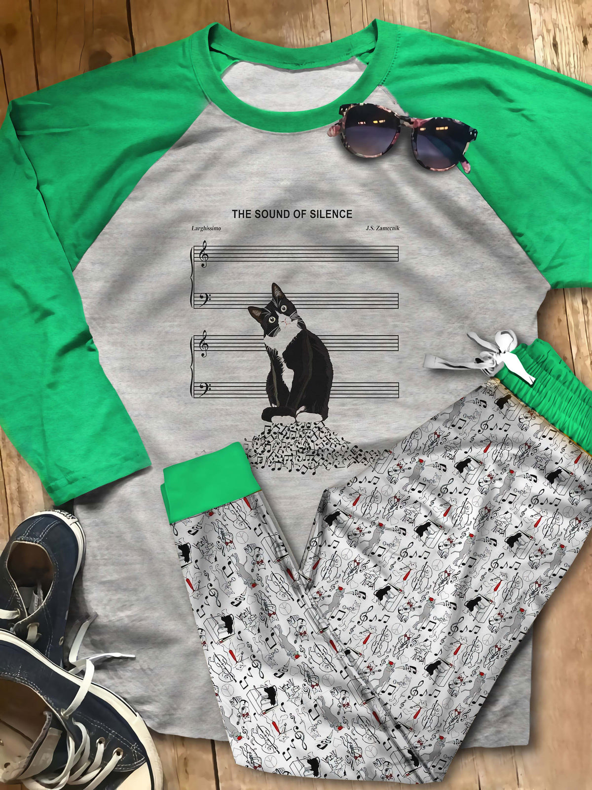 Music Cat The Sound Of Silence Abo Pajama Set |Sleepwear Pjs Sets | Raglan Shirt Pants Set