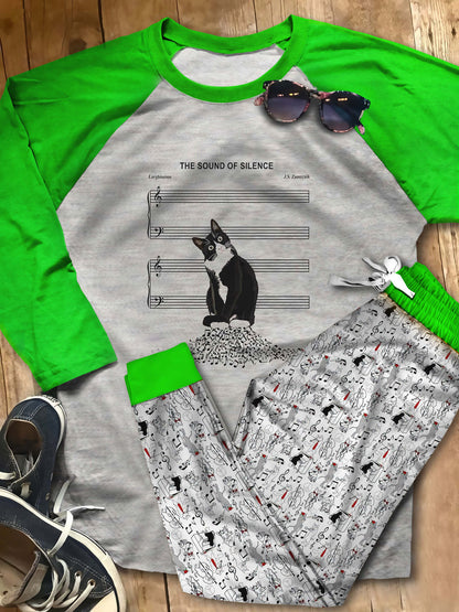 Music Cat The Sound Of Silence Abo Pajama Set |Sleepwear Pjs Sets | Raglan Shirt Pants Set