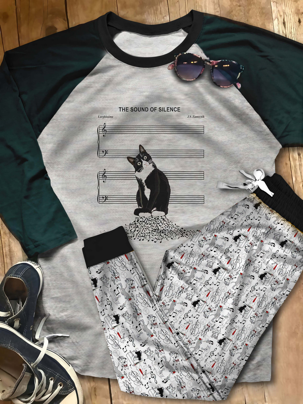 Music Cat The Sound Of Silence Abo Pajama Set |Sleepwear Pjs Sets | Raglan Shirt Pants Set