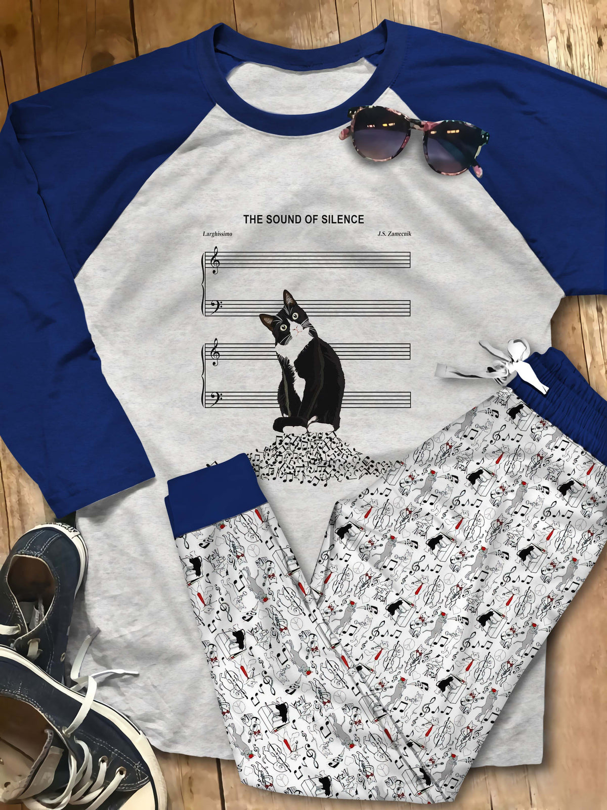Music Cat The Sound Of Silence Abo Pajama Set |Sleepwear Pjs Sets | Raglan Shirt Pants Set