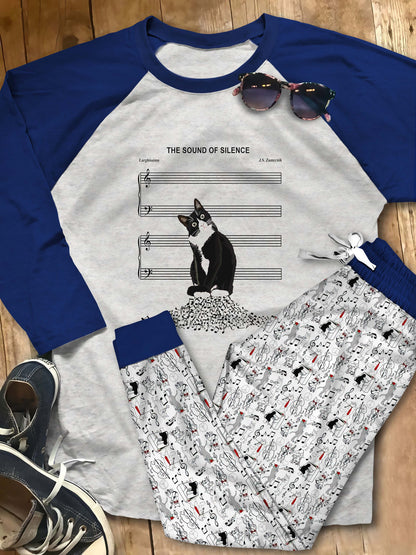Music Cat The Sound Of Silence Abo Pajama Set |Sleepwear Pjs Sets | Raglan Shirt Pants Set