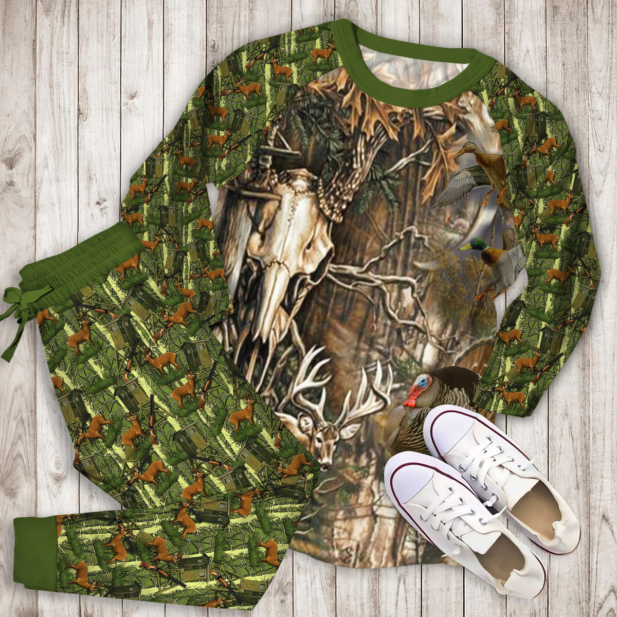 Hunting Deer Pajama Set | Pajamas | Cotton Sleepwear Sets | Soft Long Sleeve Pjs | Raglan Shirt and Pants Set