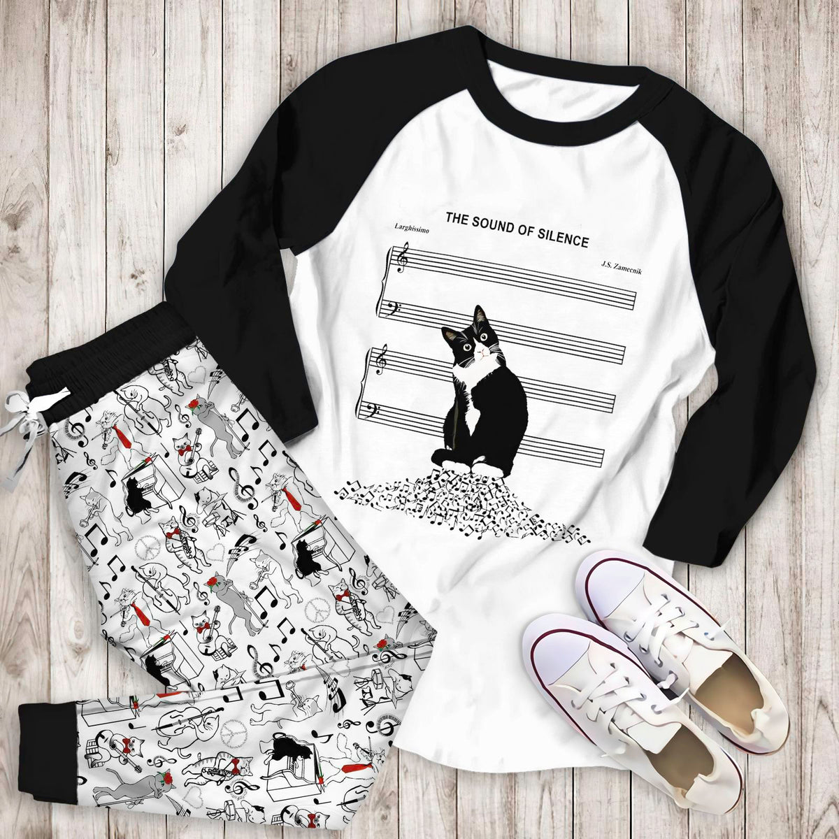 Music Cat The Sound Of Silence Abo Pajama Set |Sleepwear Pjs Sets | Raglan Shirt Pants Set