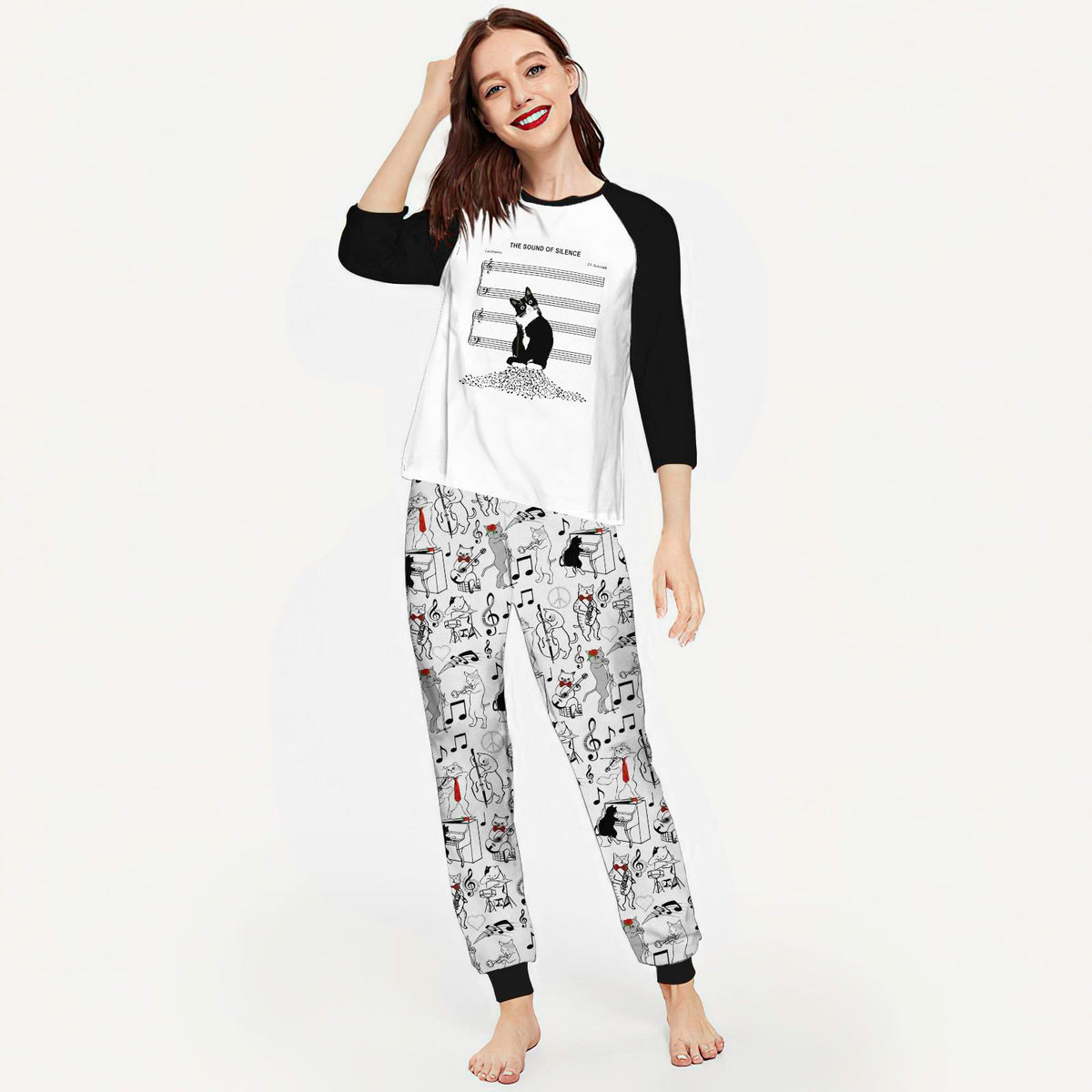 Music Cat The Sound Of Silence Abo Pajama Set |Sleepwear Pjs Sets | Raglan Shirt Pants Set