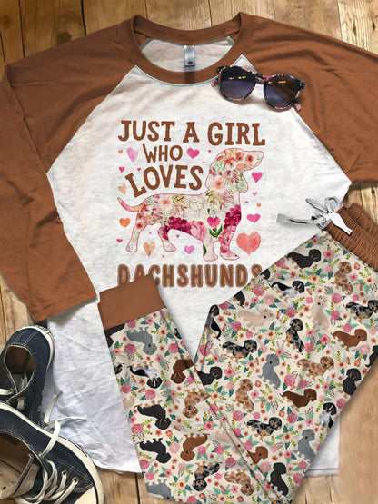 Dachshund Just A Girl Who Loves Dachshunds Pajama Set |Sleepwear Pjs Sets | Raglan Shirt Pants Set