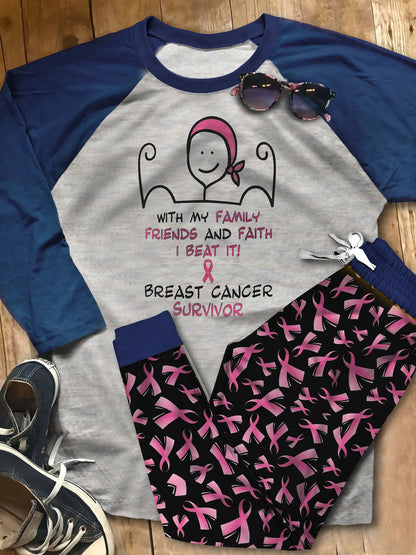 Breast Cancer I Beat It Aah Pajama Set |Sleepwear Pjs Sets | Raglan Shirt Pants Set