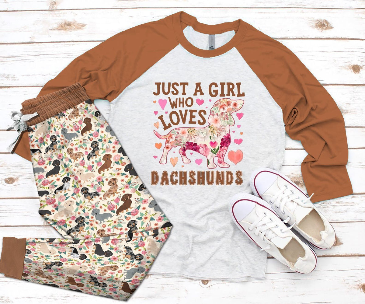 Dachshund Just A Girl Who Loves Dachshunds Pajama Set |Sleepwear Pjs Sets | Raglan Shirt Pants Set