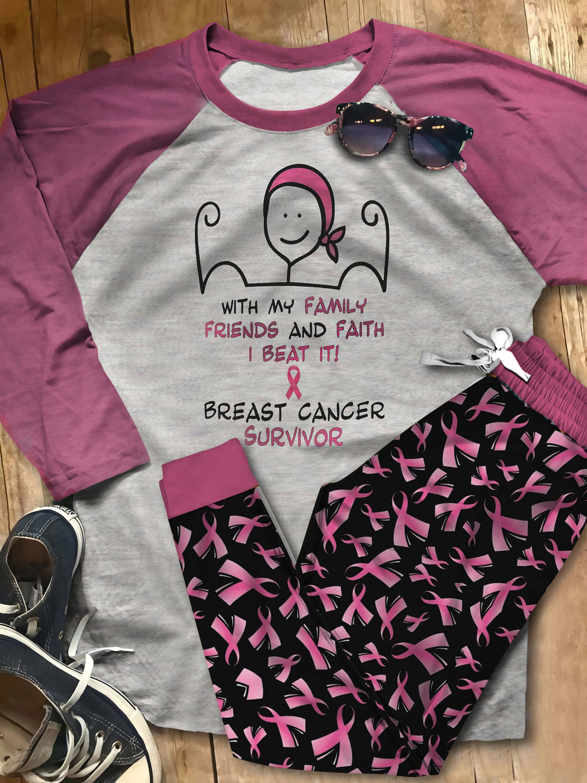 Breast Cancer I Beat It Aah Pajama Set |Sleepwear Pjs Sets | Raglan Shirt Pants Set