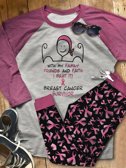 Breast Cancer I Beat It Aah Pajama Set |Sleepwear Pjs Sets | Raglan Shirt Pants Set