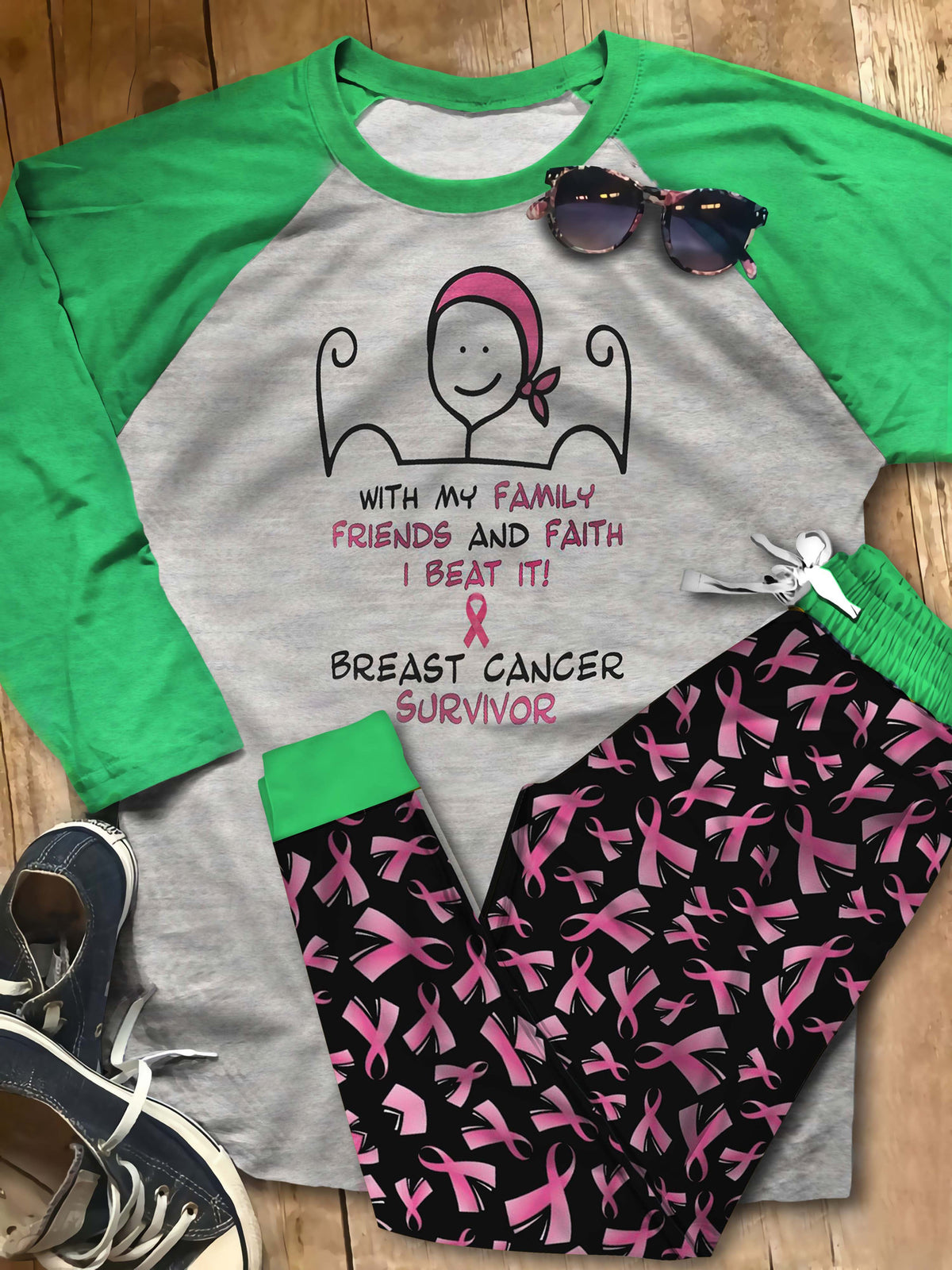Breast Cancer I Beat It Aah Pajama Set |Sleepwear Pjs Sets | Raglan Shirt Pants Set