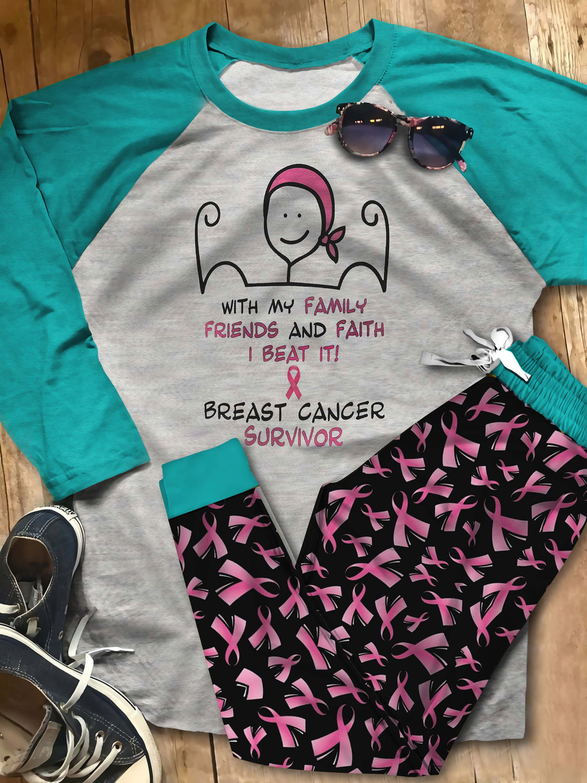 Breast Cancer I Beat It Aah Pajama Set |Sleepwear Pjs Sets | Raglan Shirt Pants Set