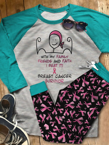 Breast Cancer I Beat It Aah Pajama Set |Sleepwear Pjs Sets | Raglan Shirt Pants Set