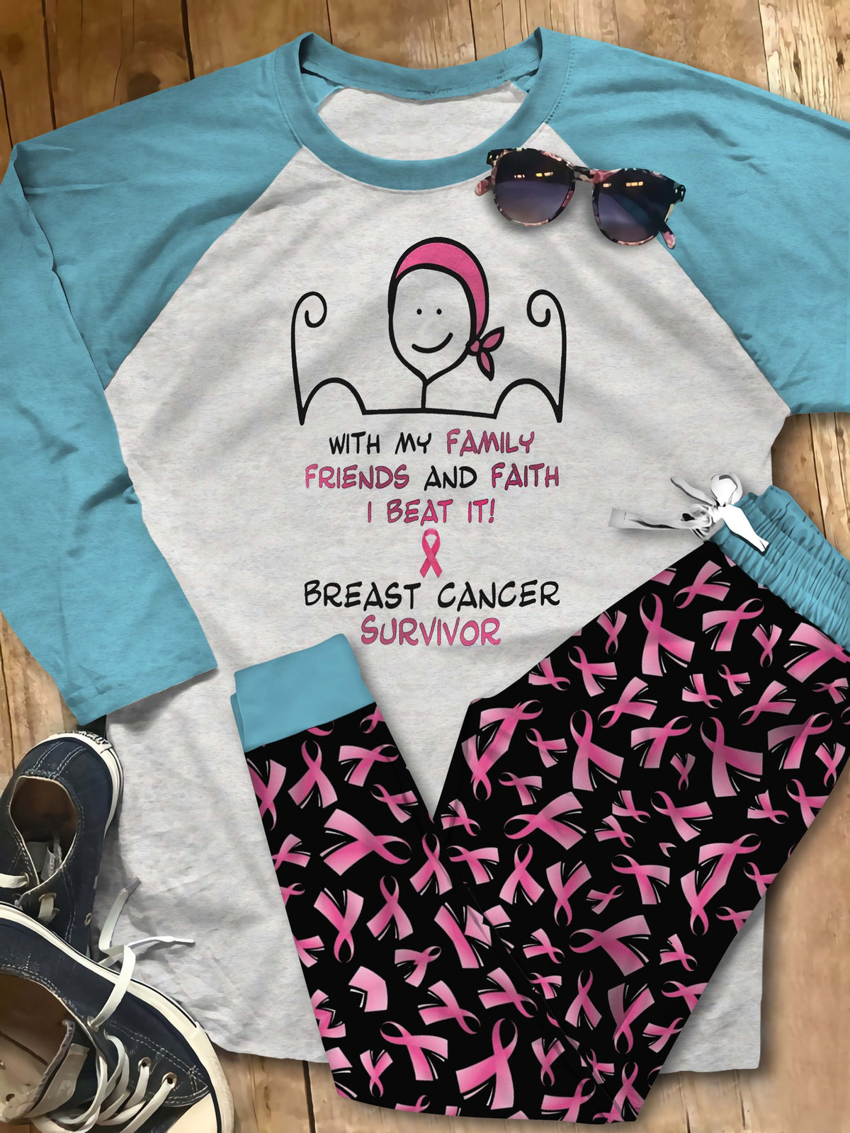 Breast Cancer I Beat It Aah Pajama Set |Sleepwear Pjs Sets | Raglan Shirt Pants Set