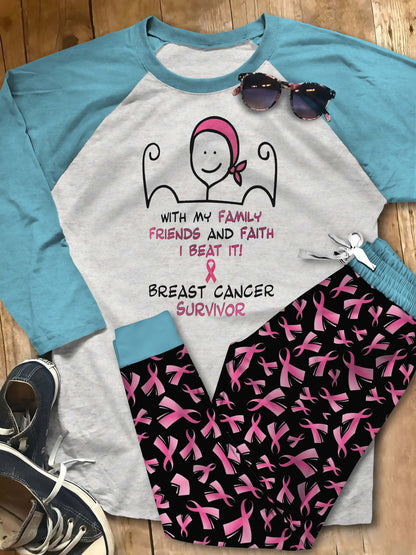 Breast Cancer I Beat It Aah Pajama Set |Sleepwear Pjs Sets | Raglan Shirt Pants Set