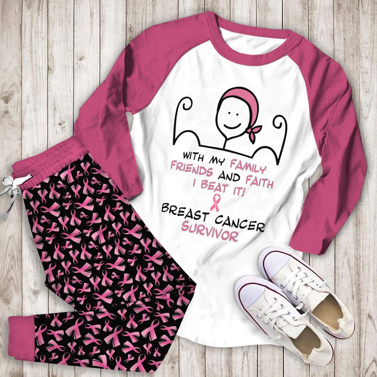 Breast Cancer I Beat It Aah Pajama Set |Sleepwear Pjs Sets | Raglan Shirt Pants Set