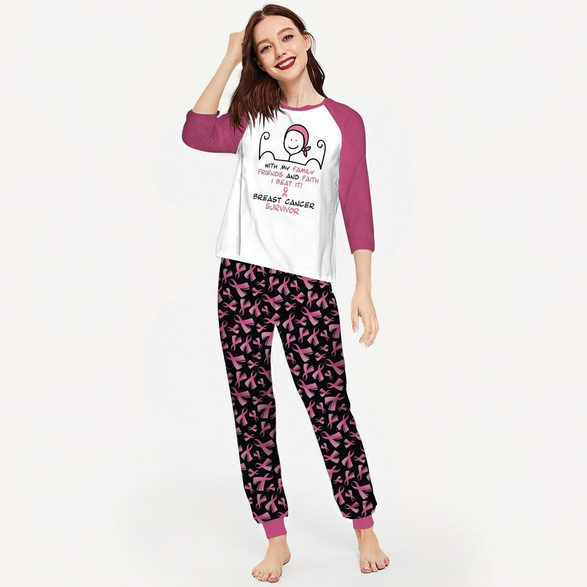 Breast Cancer I Beat It Aah Pajama Set |Sleepwear Pjs Sets | Raglan Shirt Pants Set
