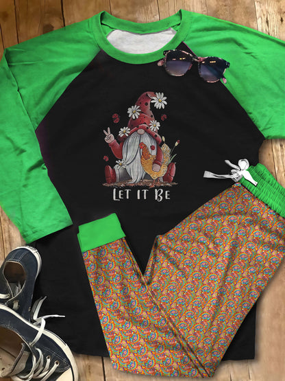 Hippie Let It Be Gnome Collection Aar Pajama Set |Sleepwear Pjs Sets | Raglan Shirt Pants Set
