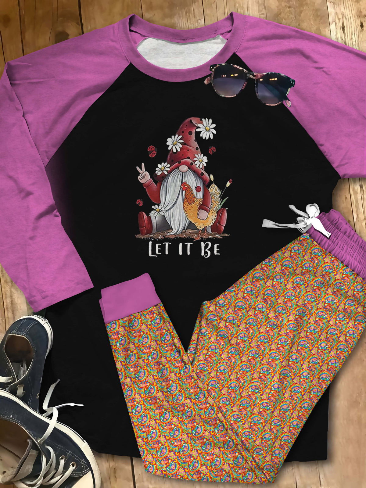 Hippie Let It Be Gnome Collection Aar Pajama Set |Sleepwear Pjs Sets | Raglan Shirt Pants Set