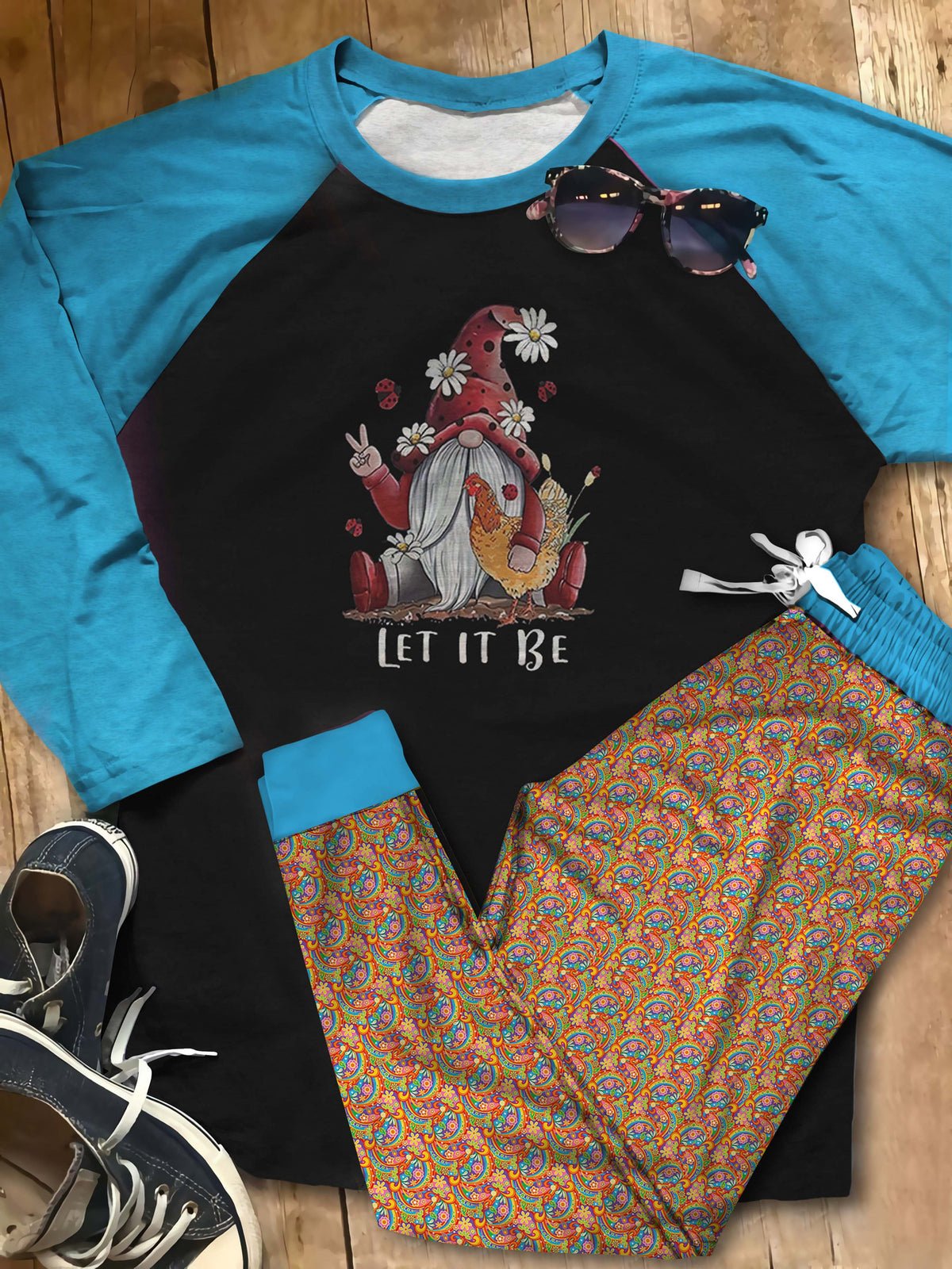 Hippie Let It Be Gnome Collection Aar Pajama Set |Sleepwear Pjs Sets | Raglan Shirt Pants Set