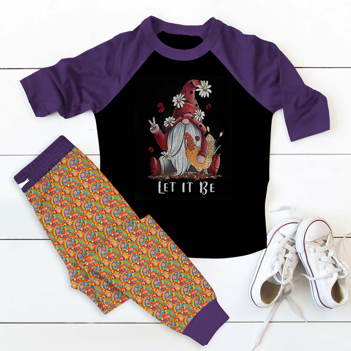 Hippie Let It Be Gnome Collection Aar Pajama Set |Sleepwear Pjs Sets | Raglan Shirt Pants Set