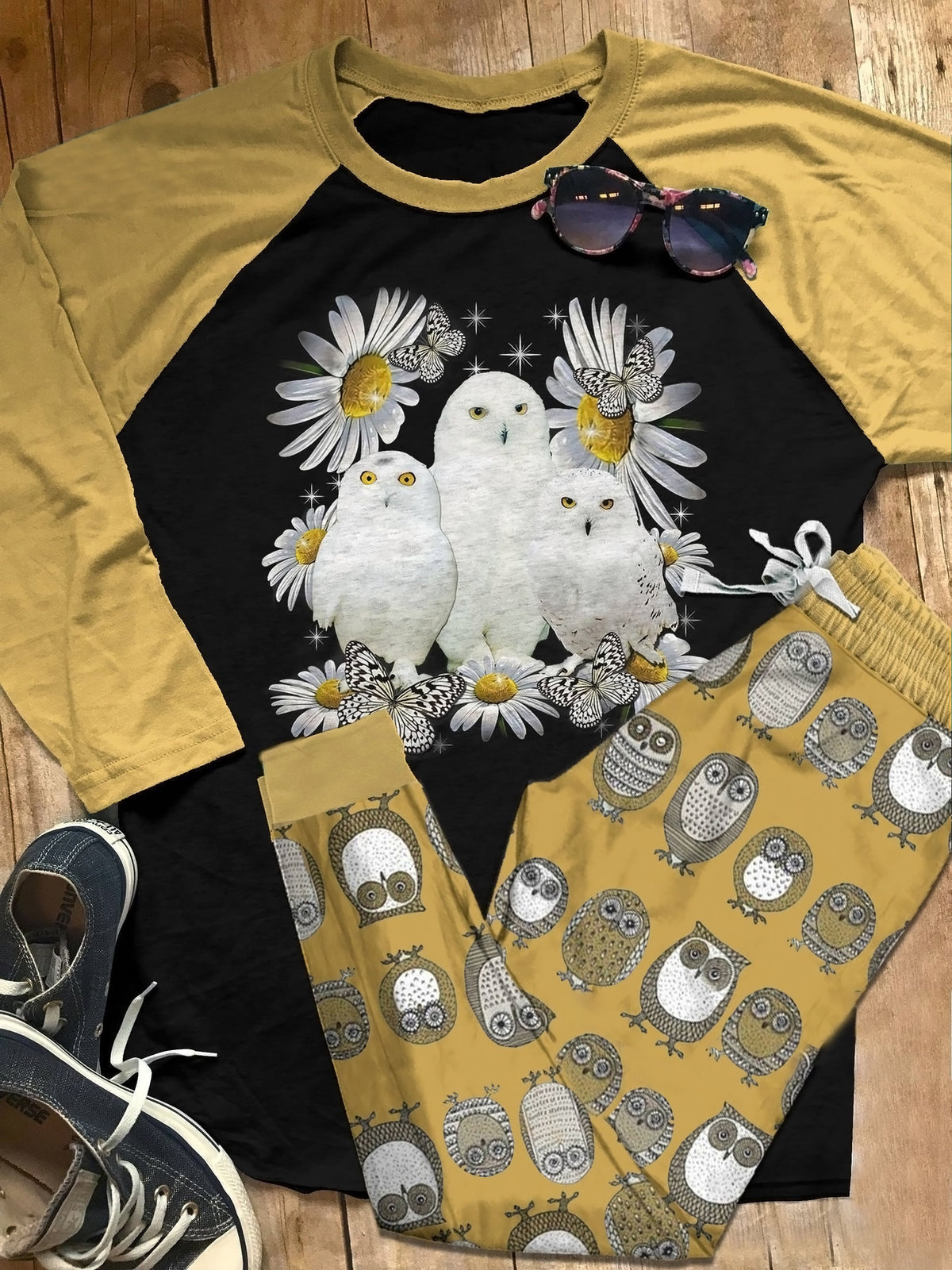 Owl White Owls Colors Khaki Good Pajama Set |Sleepwear Pjs Sets | Raglan Shirt Pants Set