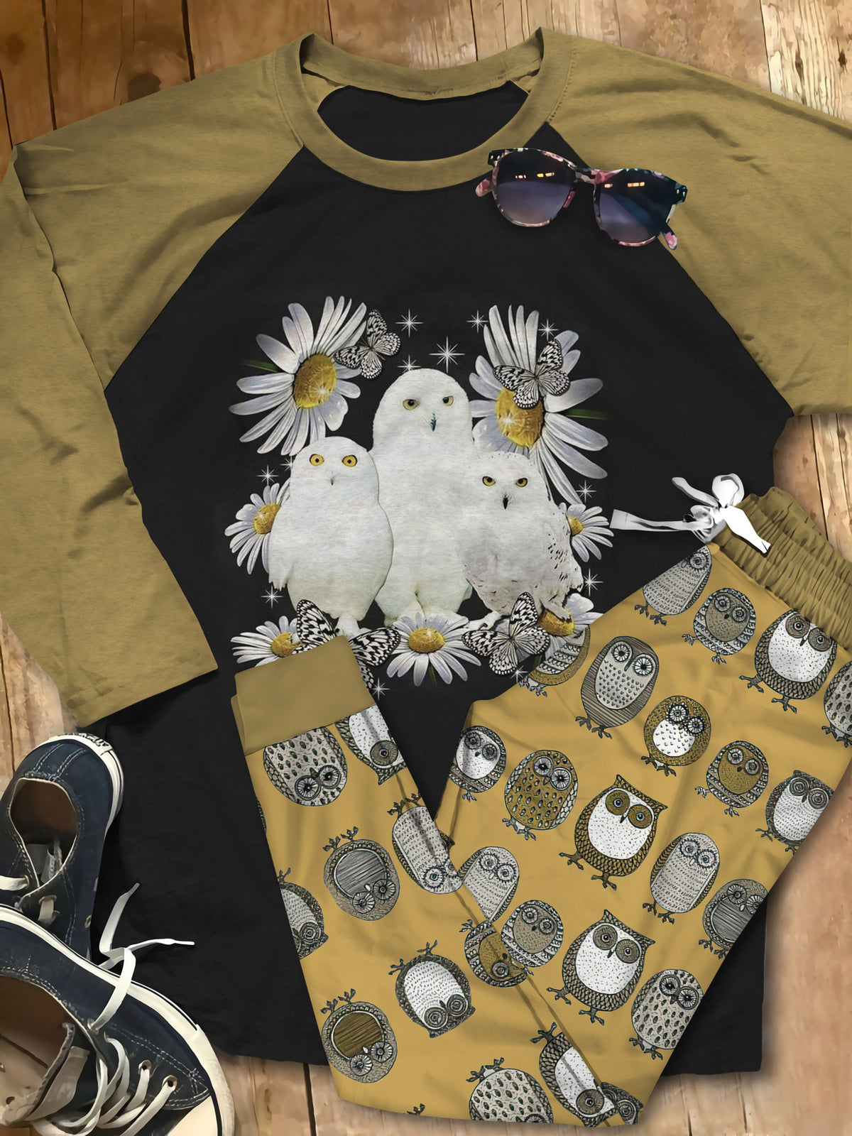 Owl White Owls Colors Khaki Good Pajama Set |Sleepwear Pjs Sets | Raglan Shirt Pants Set