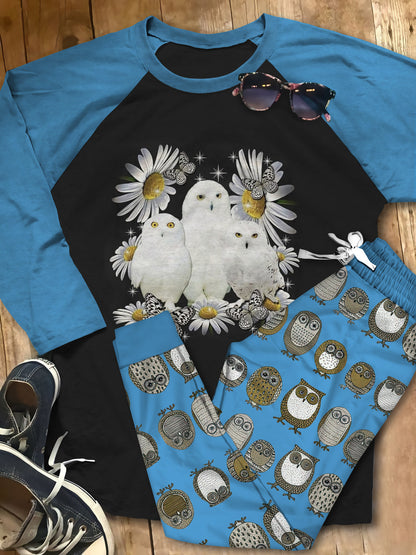 Owl White Owls Colors Khaki Good Pajama Set |Sleepwear Pjs Sets | Raglan Shirt Pants Set