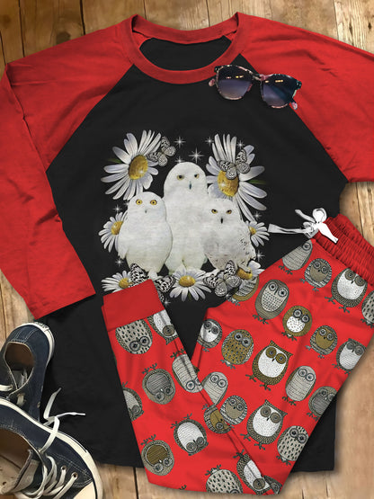 Owl White Owls Colors Khaki Good Pajama Set |Sleepwear Pjs Sets | Raglan Shirt Pants Set