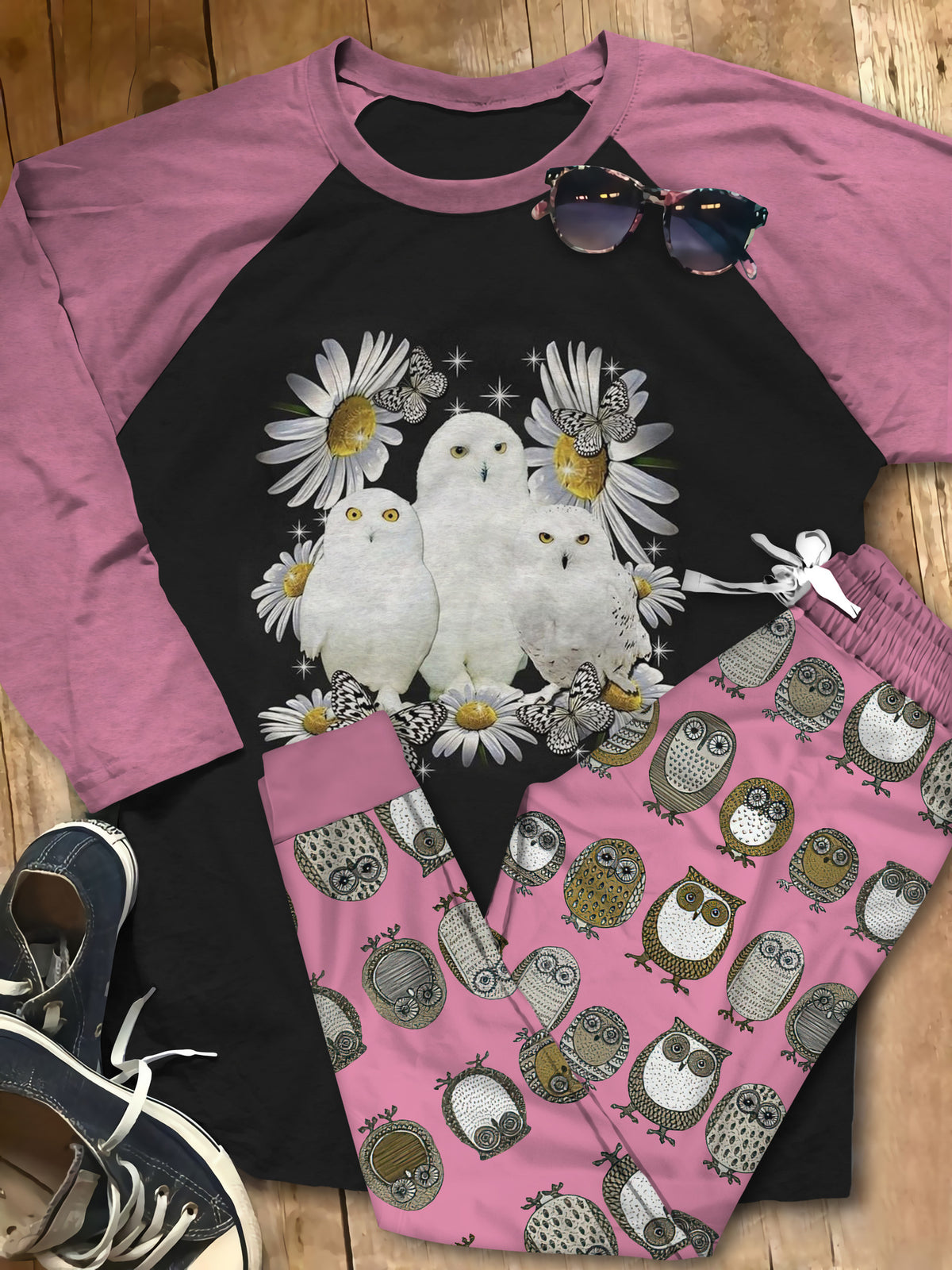 Owl White Owls Colors Khaki Good Pajama Set |Sleepwear Pjs Sets | Raglan Shirt Pants Set