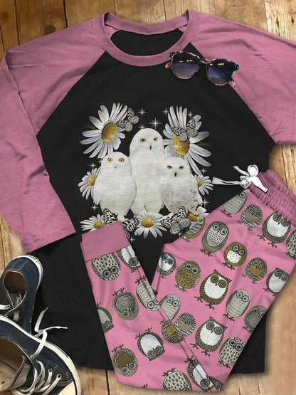Owl White Owls Colors Khaki Good Pajama Set |Sleepwear Pjs Sets | Raglan Shirt Pants Set