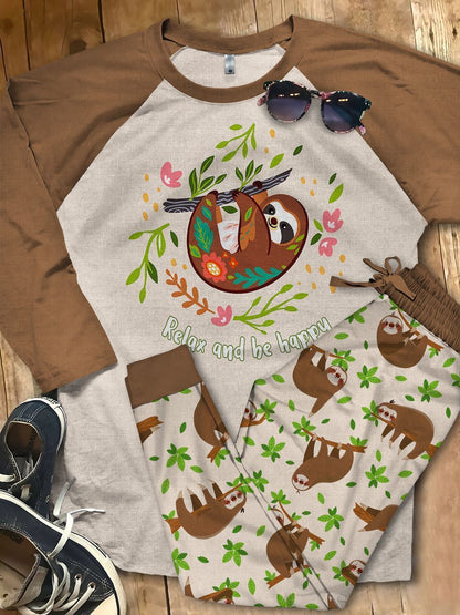 Sloth Relax Times Pajama Set |Sleepwear Pjs Sets | Raglan Shirt Pants Set