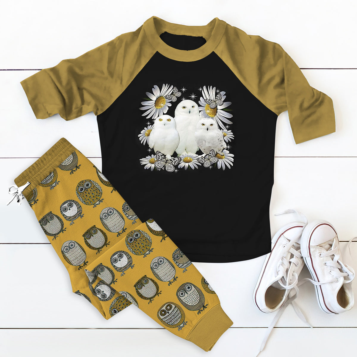Owl White Owls Colors Khaki Good Pajama Set |Sleepwear Pjs Sets | Raglan Shirt Pants Set