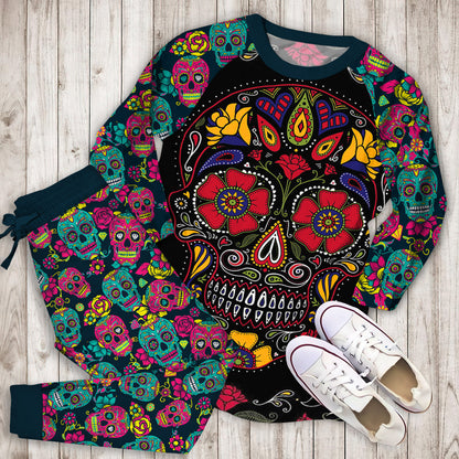 Day Of The Dead Sugar Skull Pajama Set |Sleepwear Pjs Sets | Raglan Shirt Pants Set
