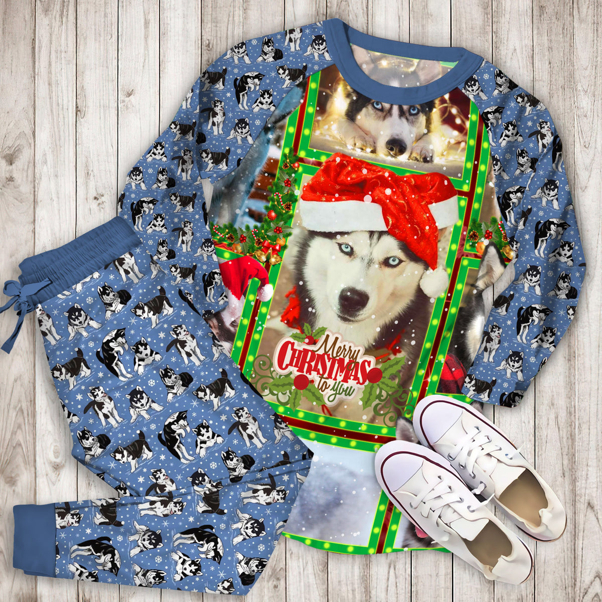 Husky Christmas Pajama Set |Sleepwear Pjs Sets | Raglan Shirt Pants Set