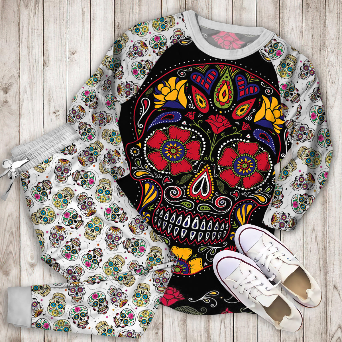 Day Of The Dead Sugar Skull Pajama Set |Sleepwear Pjs Sets | Raglan Shirt Pants Set