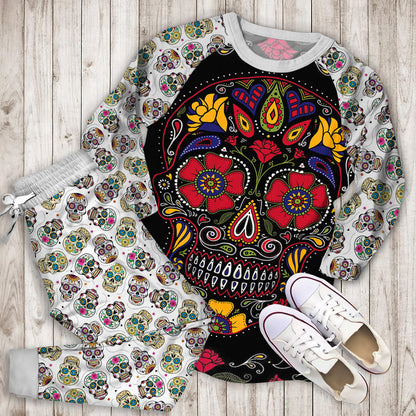 Day Of The Dead Sugar Skull Pajama Set |Sleepwear Pjs Sets | Raglan Shirt Pants Set