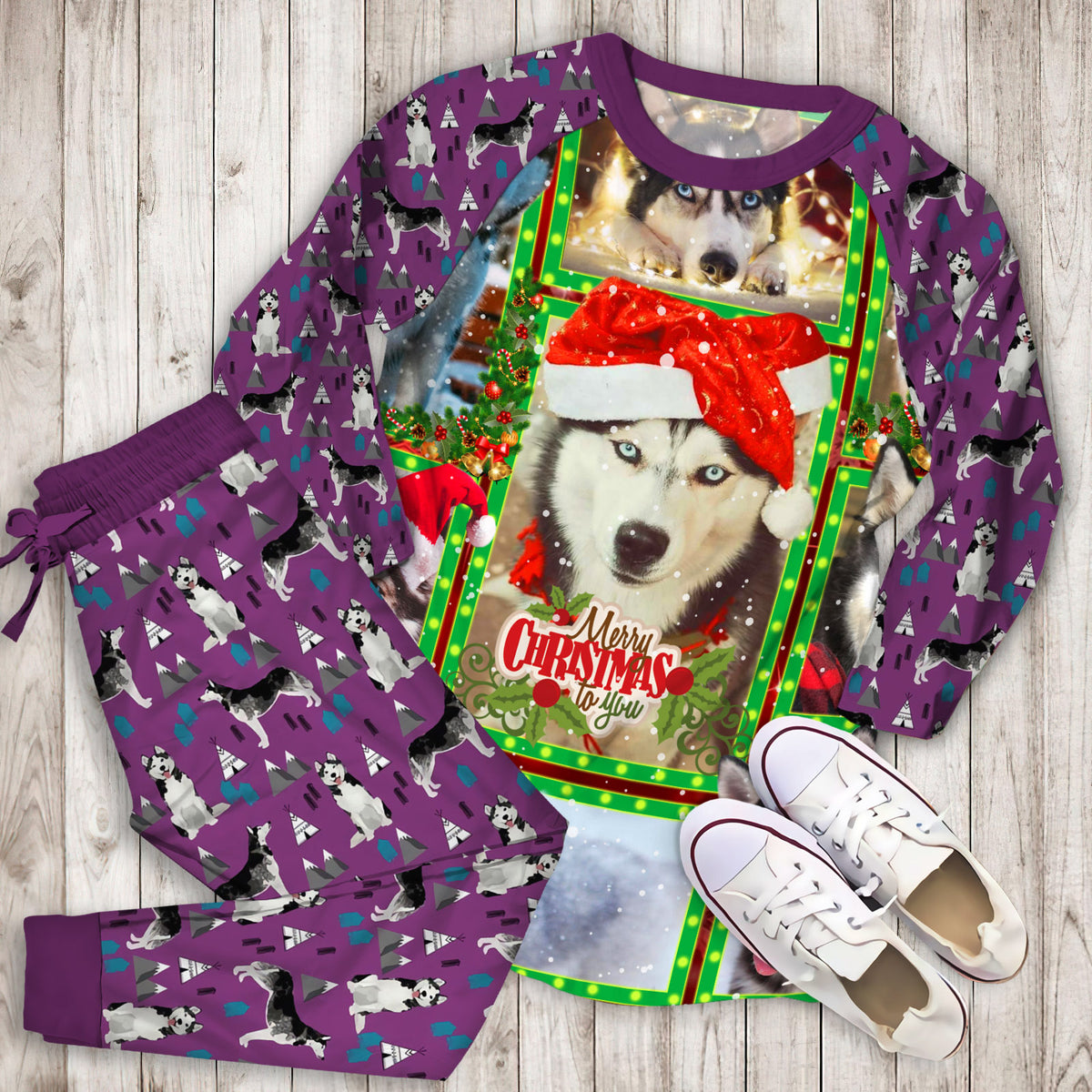 Husky Christmas Pajama Set |Sleepwear Pjs Sets | Raglan Shirt Pants Set