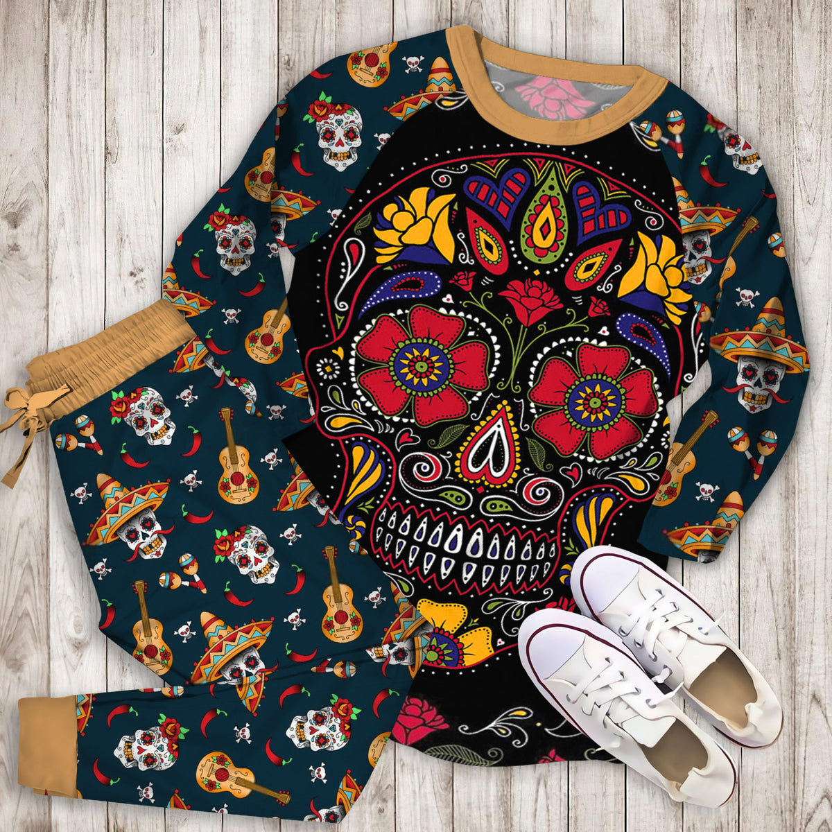 Day Of The Dead Sugar Skull Pajama Set |Sleepwear Pjs Sets | Raglan Shirt Pants Set